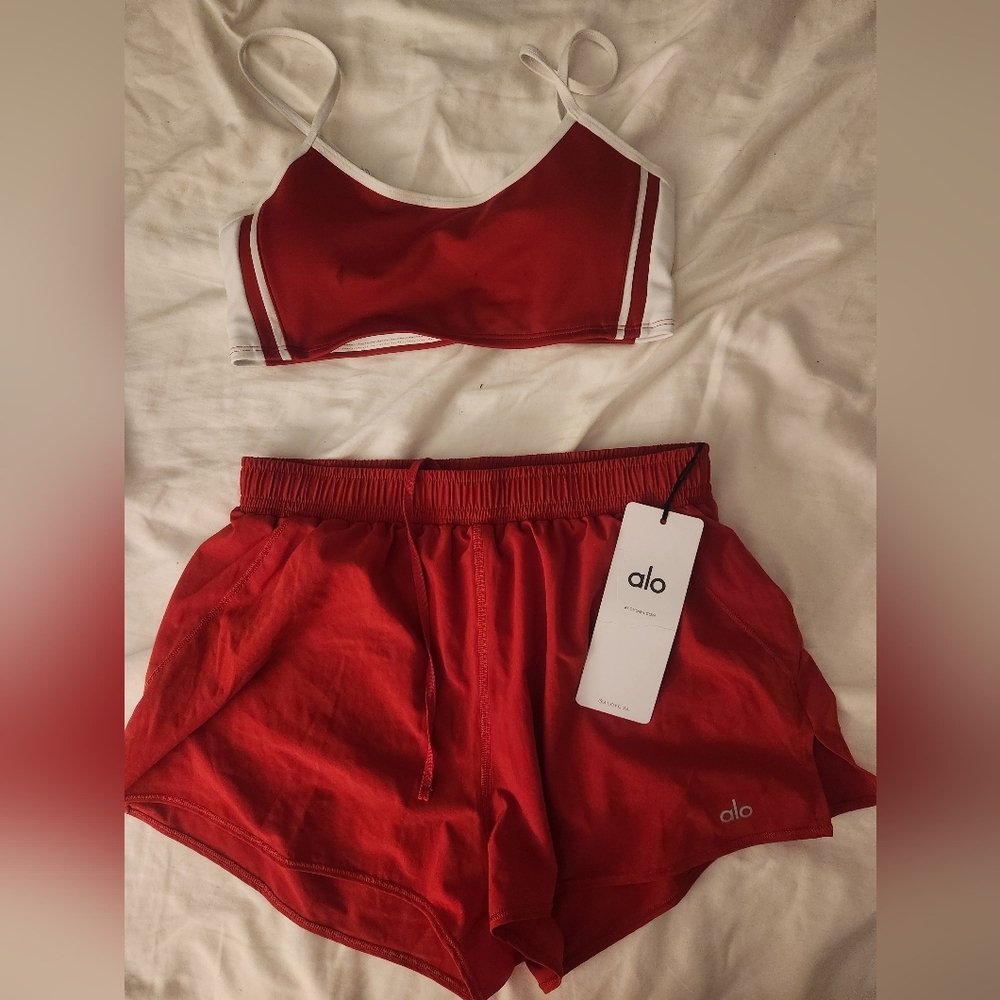NWT ALO Yoga Red and White Sports Bra and Shorts Set